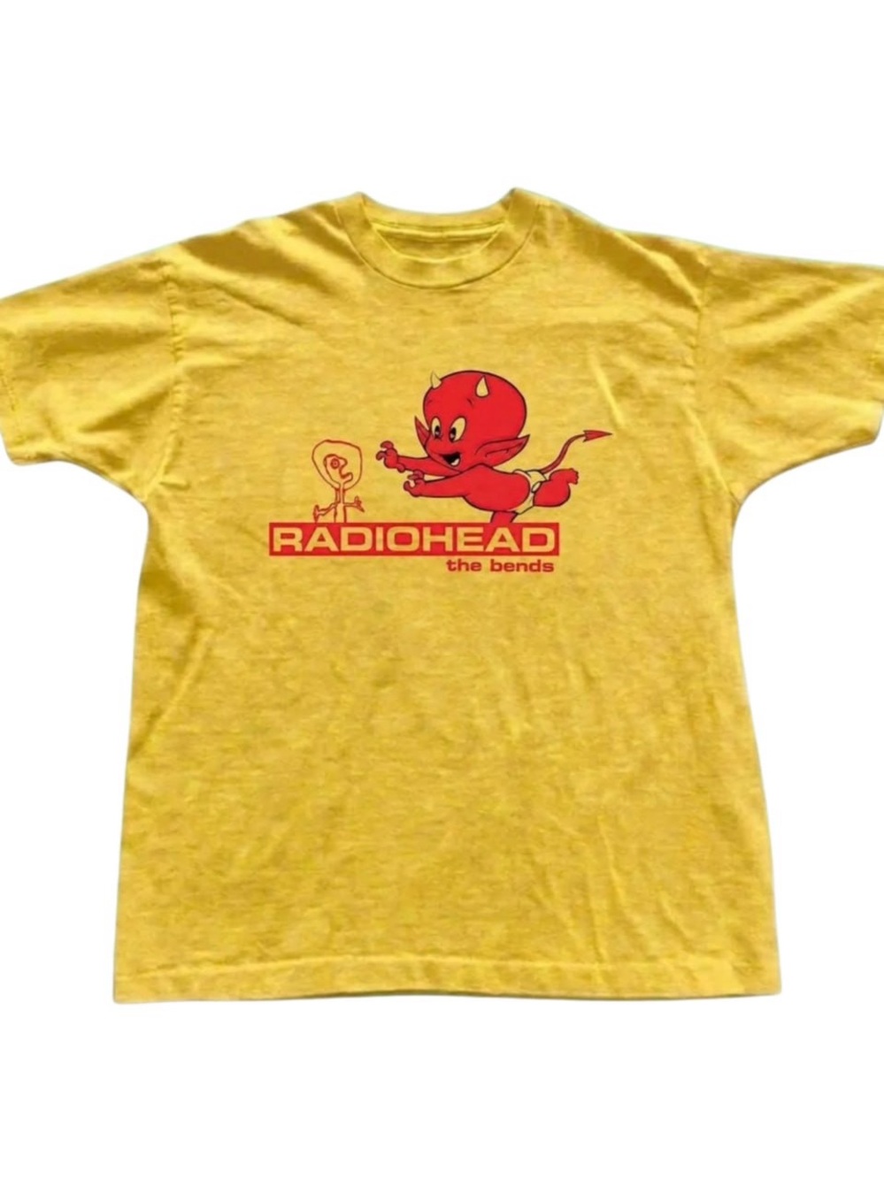 Yellow Radiohead 'The Bends' Graphic Tee with Red Devil Print